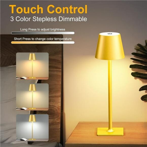 Gold Rechargeable Cordless Table Lamp Dimmable Waterproof Portable Light for Pat - Picture 6 of 7